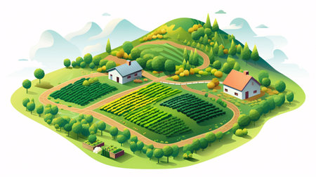 Isometric countryside landscape with farm and village. Vector illustration in flat styleの素材