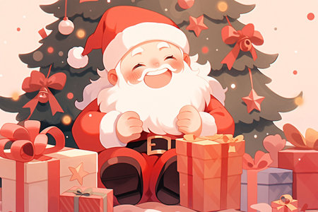 Santa Claus sitting with presents near christmas tree. Vector illustration.の素材