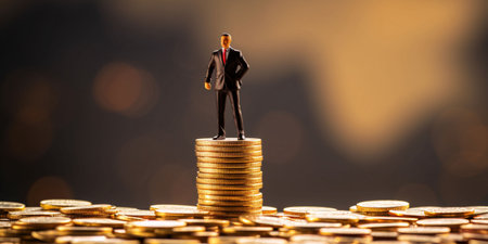 Miniature businessman standing on a stack of coins with bokeh backgroundの素材
