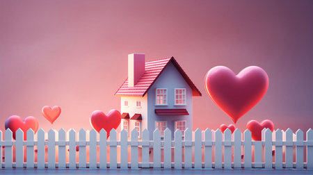 House with hearts on the background of a fence. 3d renderingの素材