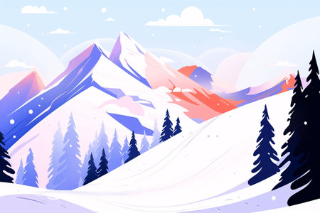 Winter landscape with snowy mountains and coniferous forest. Vector illustration.の素材