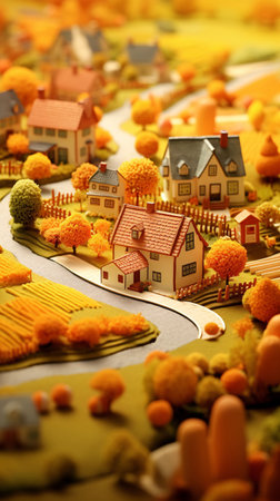 Miniature houses made of yellow and orange fondant cake decoratingの素材