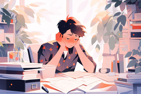 Tired young man sitting at the table in the office, vector illustrationの素材