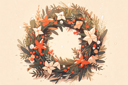 Christmas wreath with flowers and leaves. Hand drawn vector illustration.の素材