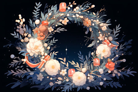 Christmas wreath with white flowers and red ribbons, vector illustrationの素材