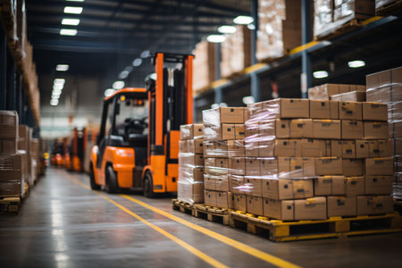 Forklift in warehouse. Forklift loading goods in warehouse.の素材