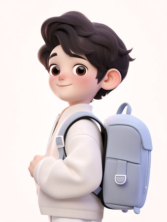 3D illustration of a cartoon character with a backpack on white backgroundの素材