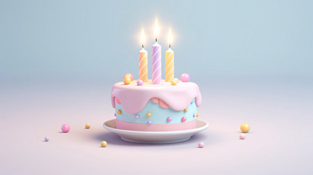 Birthday cake with burning candles. 3D rendering. Pastel colors.の素材