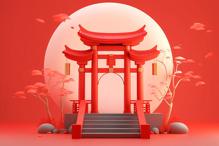 3d illustration of red chinese gate with lanterns on red backgroundの素材