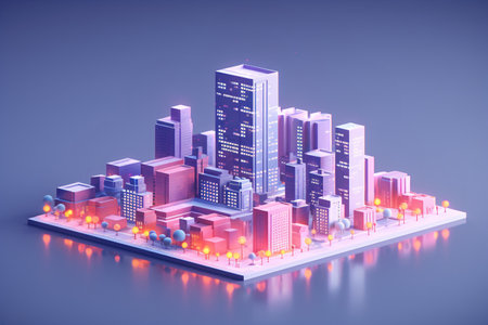 Isometric city with skyscrapers and neon lights. 3d renderingの素材