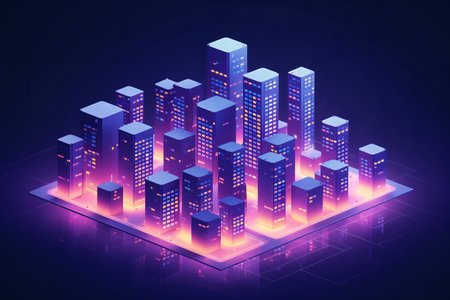 Isometric city skyscrapers in ultraviolet light. Vector illustration.の素材