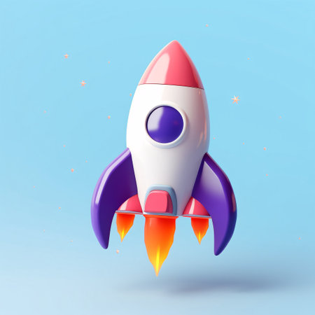 Space rocket on blue background. 3d illustration. Startup concept.の素材