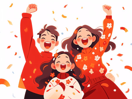 Happy children celebrating Chinese New Year. Cheerful boys and girls with gift boxes and confetti. Vector illustrationの素材