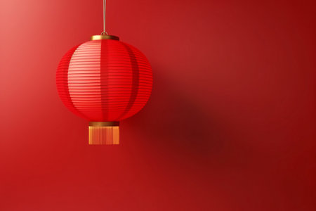 Red Chinese paper lantern hanging on a red wall. 3D Renderingの素材