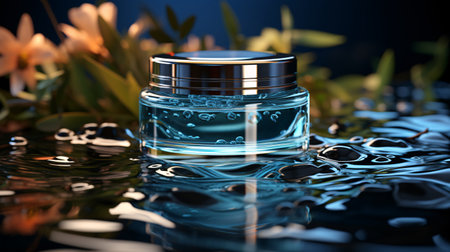 cosmetic cream in a glass jar on a dark blue background with water drops and flowersの素材