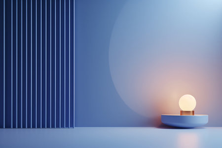 Minimalist interior with blue wall, blue floor and round podium with light bulb. 3d renderingの素材