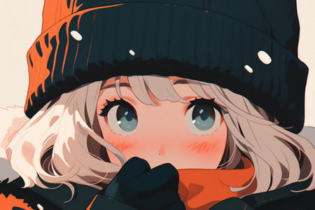 Beautiful young woman in winter hat and scarf. Vector illustration.の素材