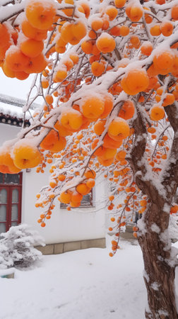 Orange persimmon in the snow,, Hohhot city, Inner Mongolia autonomous region, Chinaの素材