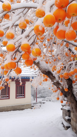 Frozen oranges on the tree in winter. Selective focus.の素材