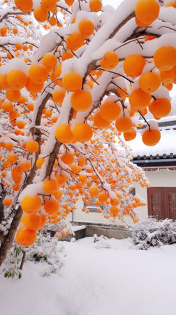 Tangerines covered with snow in a Japanese garden during the winterの素材