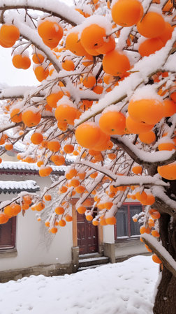 Frozen orange persimmon on the tree under snow in winterの素材