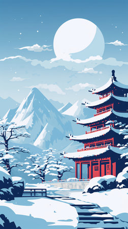 Winter landscape with traditional chinese temple in snowy mountains. Vector illustration.の素材