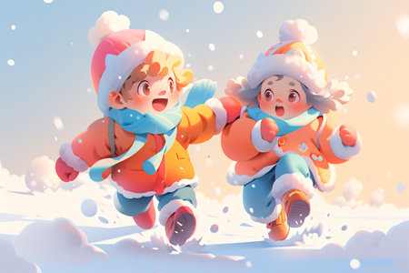 Happy children in winter clothes having fun. Christmas and New Year concept.の素材