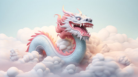 dragon in the clouds. 3d render illustration with blue sky backgroundの素材