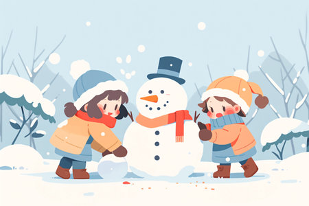 Children playing with a snowman in the park. Vector illustration.の素材
