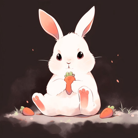 Cute white rabbit sitting on the ground and holding a carrot.の素材