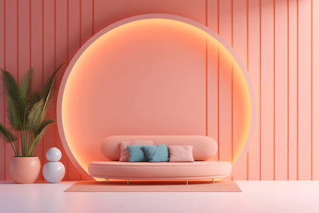 Interior of modern living room with pink walls, concrete floor, pink sofa and round mirror. 3d renderingの素材