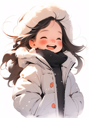 A cute little girl in a winter jacket and a hat smiling.の素材