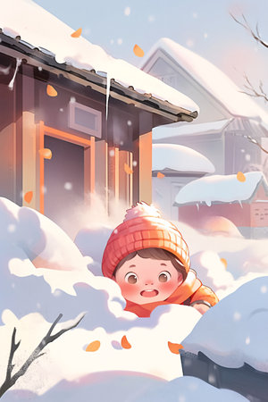 Cute little boy playing in snow in front of his house. Winter vacation concept.の素材