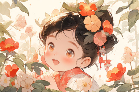 cute little girl with flowers in her hair - illustration for childrenの素材