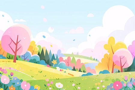 Autumn landscape with colorful flowers and trees. Vector cartoon illustration.の素材