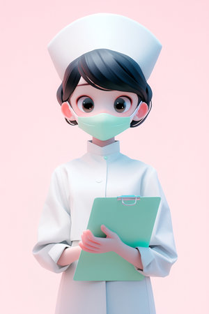 Nurse wearing face mask and holding clipboard. 3d rendering.の素材