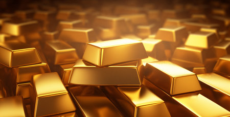 Gold bars background. 3d rendering 3d illustration. Golden cubes.の素材