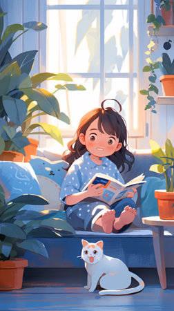 Girl sitting on sofa reading book, world book day concept scene illustrationの素材