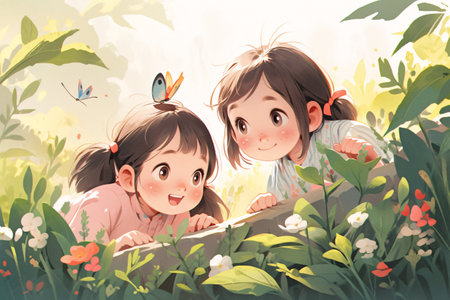 Two kids exploring in the spring jungle, Beginning of Spring concept scene illustrationの素材
