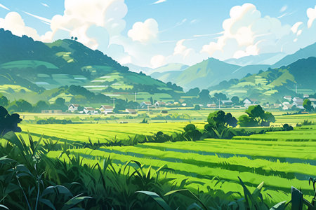 Illustration of rice field in the countryside with mountains in the backgroundの素材