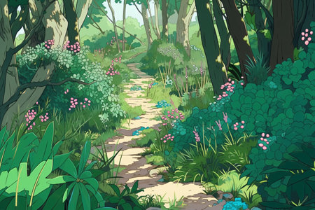 Path in the park. Vector illustration of a beautiful summer landscape.の素材