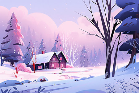 Winter landscape with house in the forest. Vector illustration in cartoon style.の素材