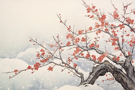 Beautiful cherry blossom tree in winter snowfall. Watercolor paintingの素材