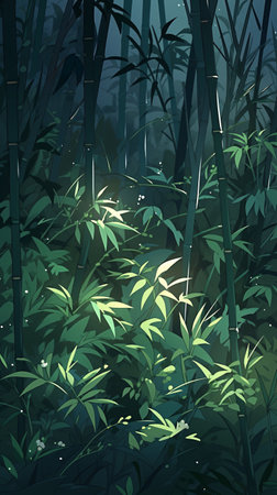 Illustration of a green bamboo forest with sunlight passing through the leavesの素材