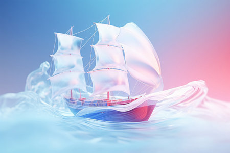 Sailing boat on the water. 3d illustration. Blue background.の素材