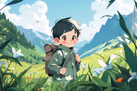 Boy with backpack hiking in the mountains. Cartoon style vector illustration.の素材
