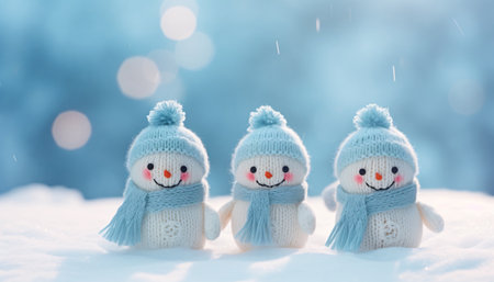 Cute snowman family in winter hat and scarf on snow backgroundの素材