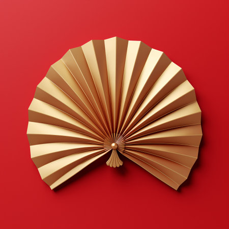 3d illustration of golden fan on red background. 3d renderingの素材