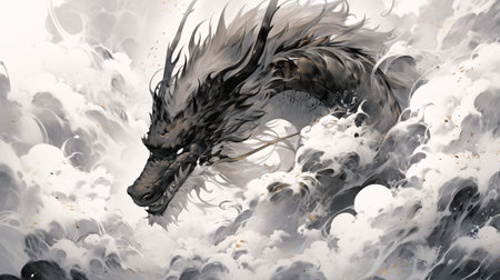 3d rendering of a fantasy dragon in the clouds. Digital painting.の素材