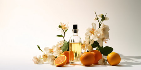 Essential oil in a glass bottle with oranges and flowers on a white backgroundの素材